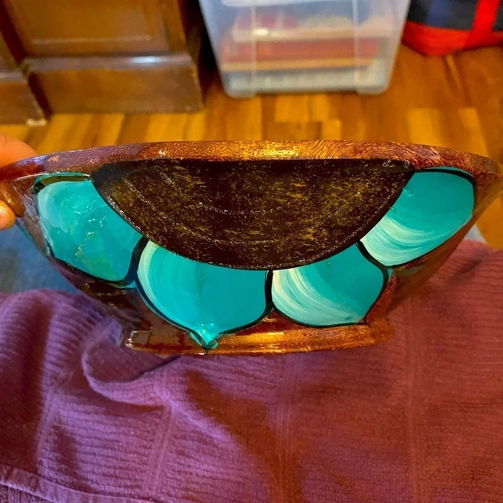 Bowl wooden hand painted clear glaze floral  OSK
